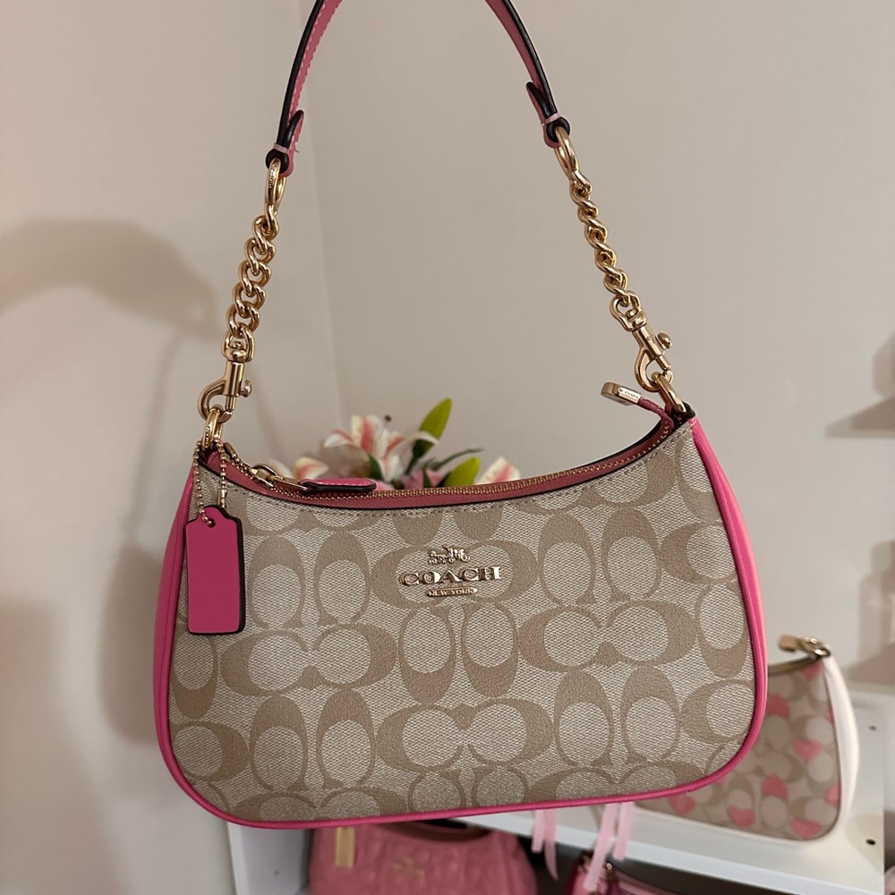 Coach Pink and Tan Signature Shoulder Bag
